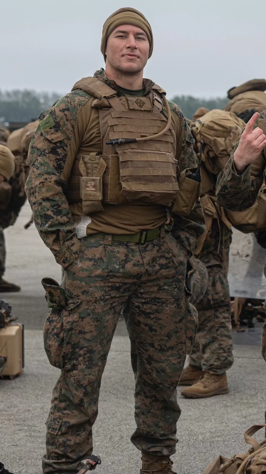Braden Barnett in Marine Corps field equipment during military training